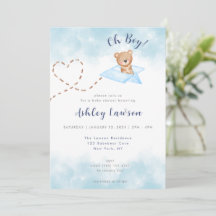 Blue Airplane Bear Baby Shower Invitation-Boy