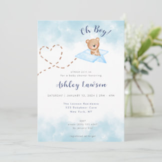 Blue Airplane Bear Baby Shower Invitation-Boy Invitation