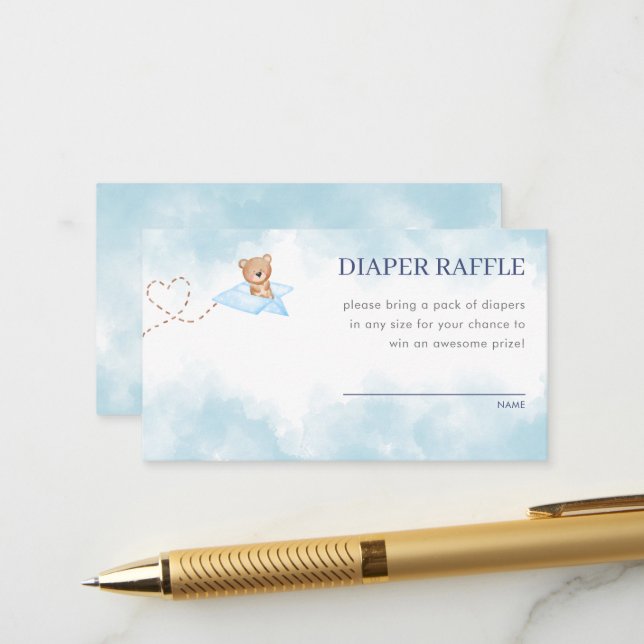 Blue Airplane Bear Diaper Raffle Enclosure Card (Front/Back In Situ)