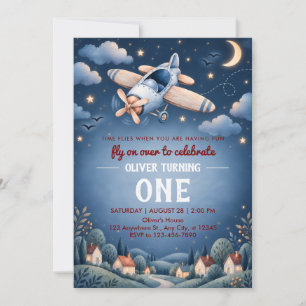 Blue Airplane First Birthday Invitation