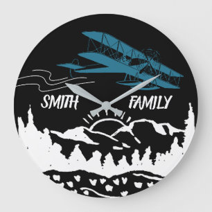 Blue Airplane,Mountains,Sunset,Retro, Personalized Large Clock