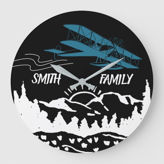 Blue Airplane,Mountains,Sunset,Retro, Personalized Large Clock (Front)