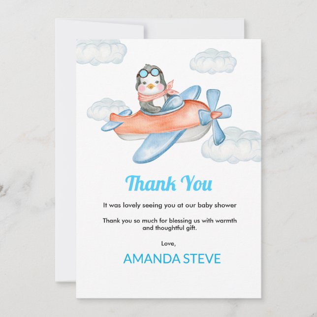 Blue Airplane Penguin Baby Shower Thank You Card (Front)