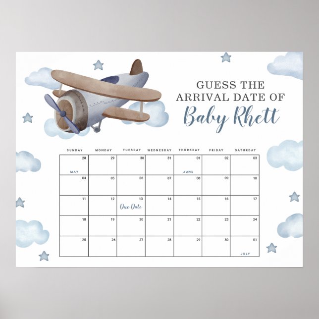 Blue Airplane Shower Guess Baby Due Date Calendar Poster (Front)