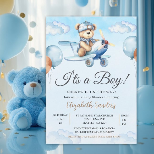 Blue Airplane Teddy Bear Baby Shower Invitation (Créateur téléchargé)