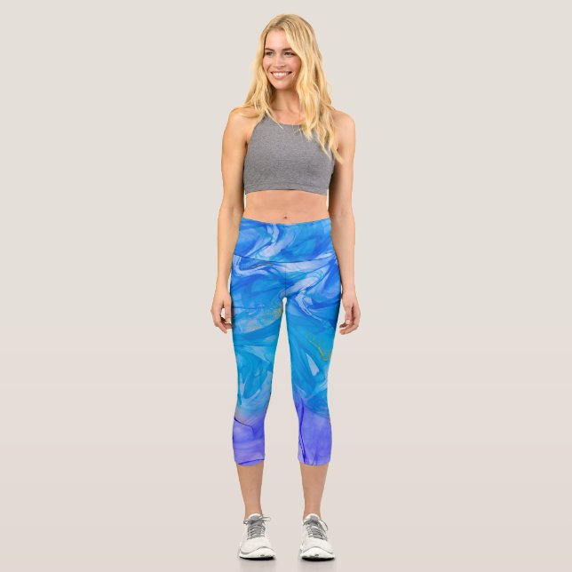 Blue alcohol ink art capri leggings (Front)