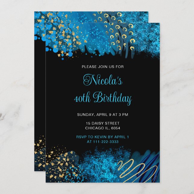 Blue Alcohol Ink Birthday Party Invitation (Front/Back)