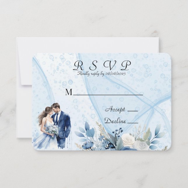 Blue Alcohol Ink Bride & Groom Wedding RSVP Cards (Front)