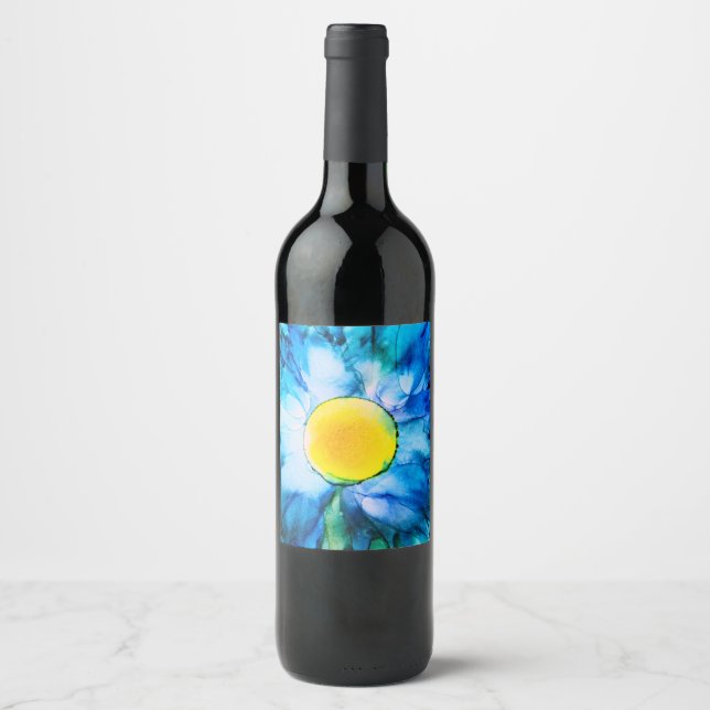 Blue Alcohol Ink Flower Wine Label (Front)