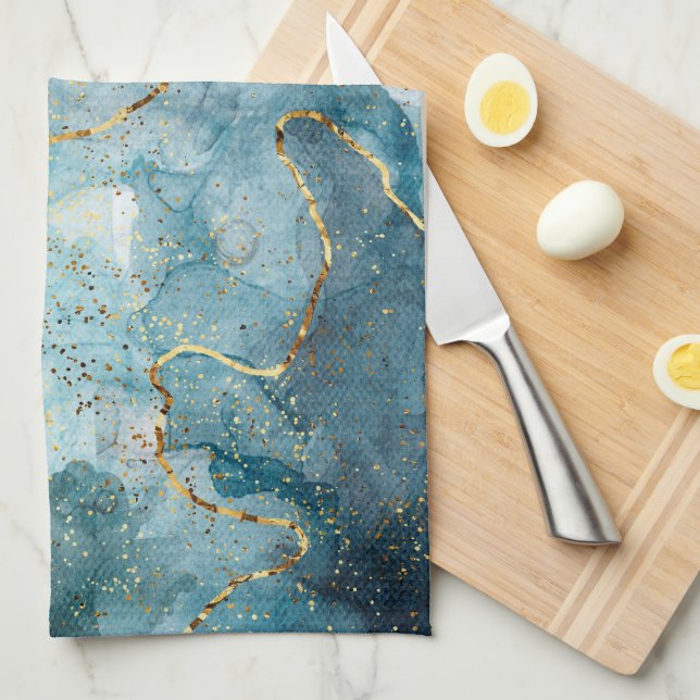 Blue alcohol ink kitchen towel (Quarter Fold)