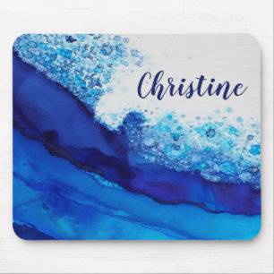 Blue Alcohol Ink Modern Simple Elegant Name Mouse Pad