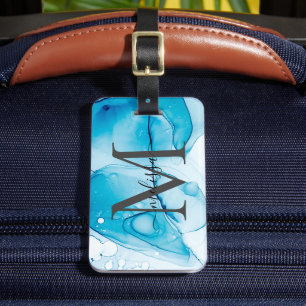 Blue Alcohol Ink Monogramed  Luggage Tag