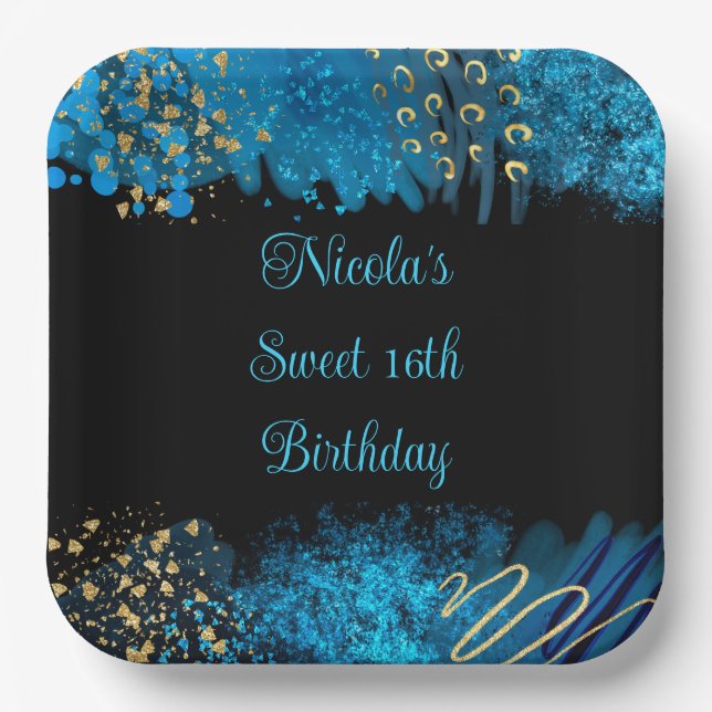 Blue Alcohol Ink Sweet 16 Birthday Party Paper Plate (Front)