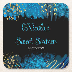 Blue Alcohol Ink Sweet 16 Birthday Party Square Paper Coaster