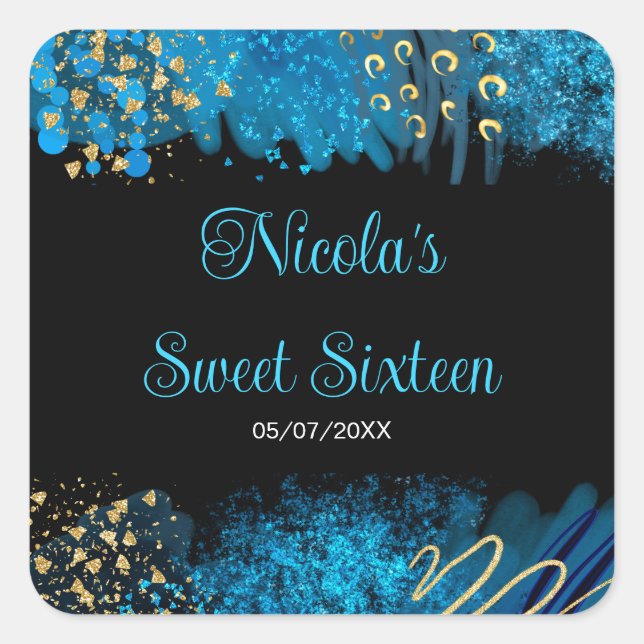 Blue Alcohol Ink Sweet 16 Birthday Party Square Sticker (Front)