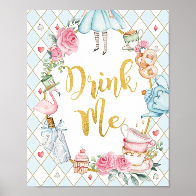 Blue Alice in Wonderland DRINK ME Party Sign (Front)