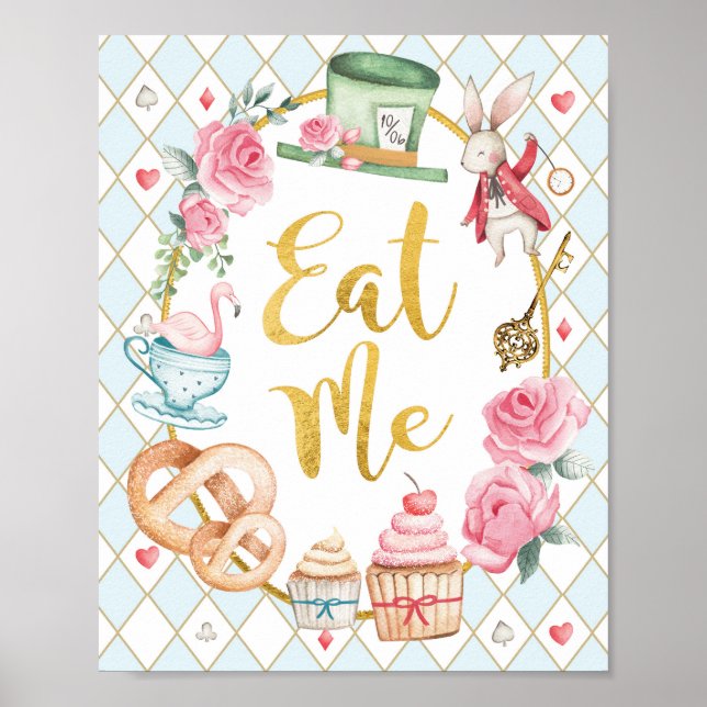 Blue Alice in Wonderland EAT ME Party Sign (Front)