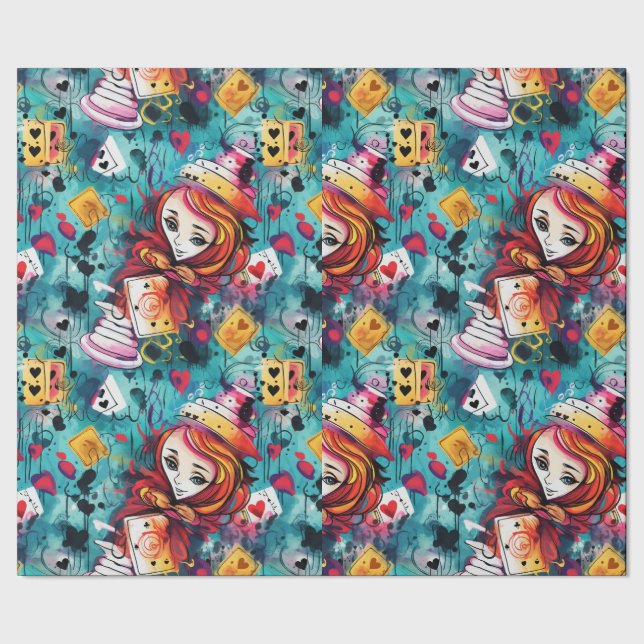 Blue Alice Tea Party Theme Wrapping Paper (Seam)