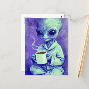 Blue Alien With a Cup of Coffee Postcard