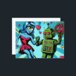 Blue Alien Woman and a Green Robot Postcard<br><div class="desc">A blue surreal alien woman and a green robot in love dancing comic style art</div>