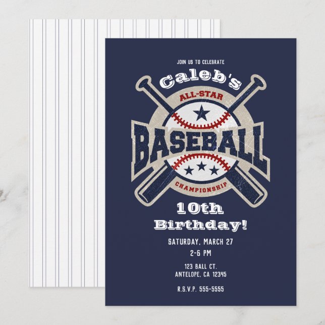 Blue All Star Sport Baseball Birthday Party Invitation (Front/Back)
