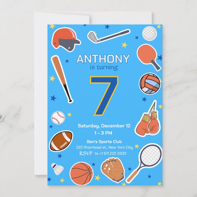Blue All-Star Sports Birthday Bash Invitation (Front)