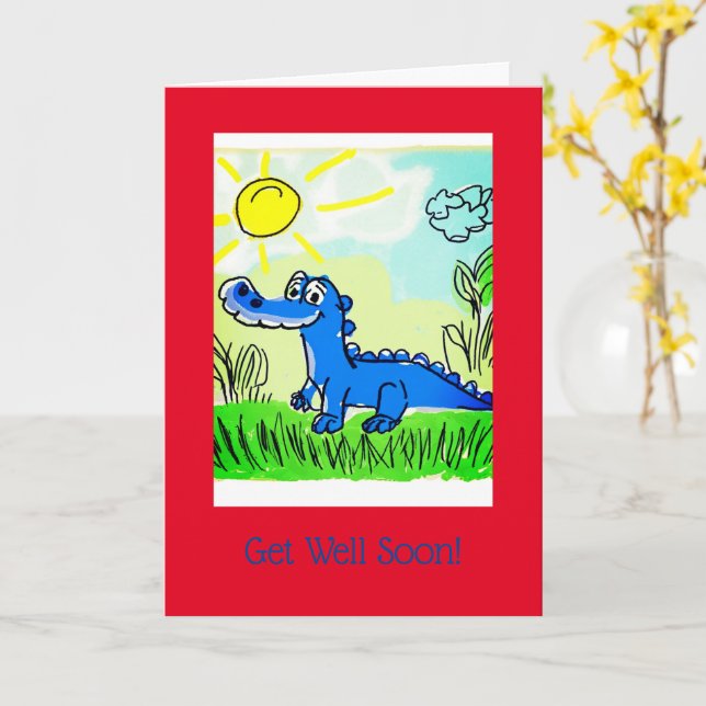 Blue Alligator Kids, 5" x 7" Folded Get Well Card (Yellow Flower)