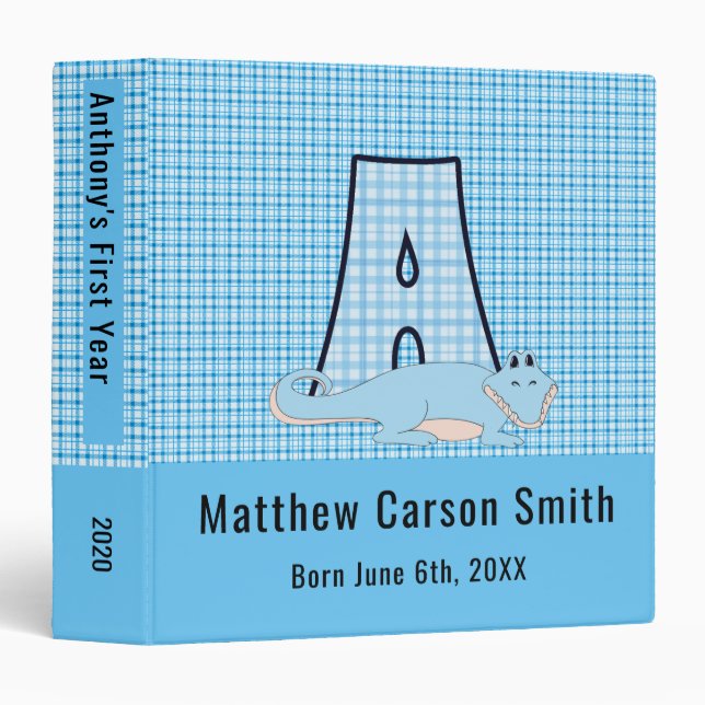 Blue Alligator Letter A Gingham Scrapbook Binder (Front/Spine)