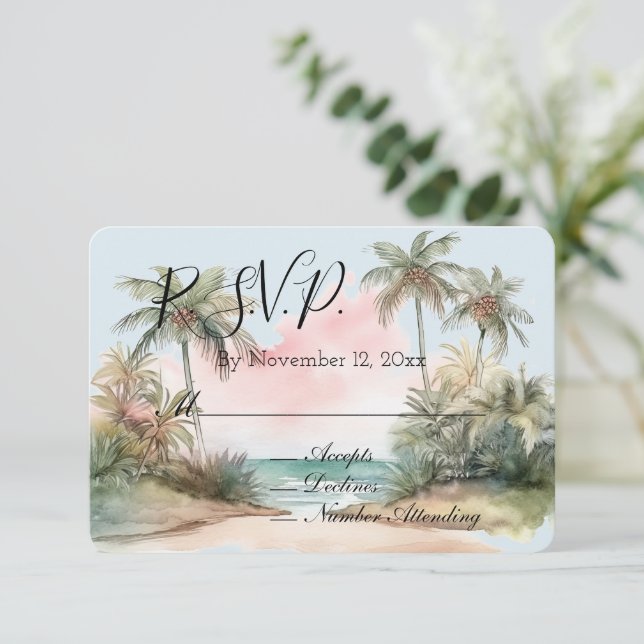 Blue Aloha Beach Ocean Palm Trees Tropical RSVP Enclosure Card (Standing Front)
