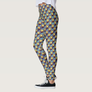 Blue & Amber Abstract Geometric Grid Pattern 1310 Leggings