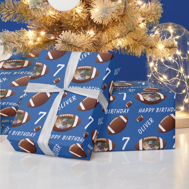 Blue American Football Ball Happy Birthday Photo Wrapping Paper (Holidays)