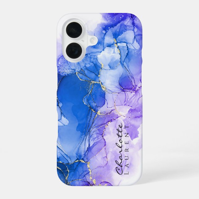 Blue Amethyst Gold Alcohol Ink Customizable  iPhone 16 Case (Back)