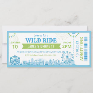Blue Amusement Park Birthday Invitation Ticket 