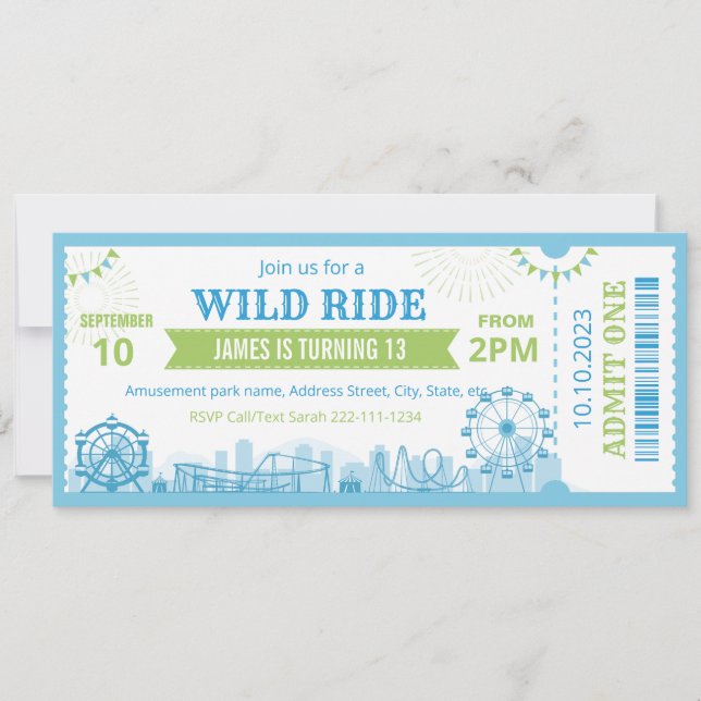 Blue Amusement Park Birthday Invitation Ticket  (Front)