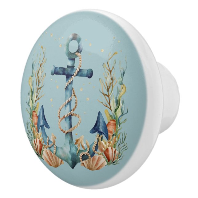 Blue Anchor and Seashells on Turnquoise Ceramic Knob (Right)