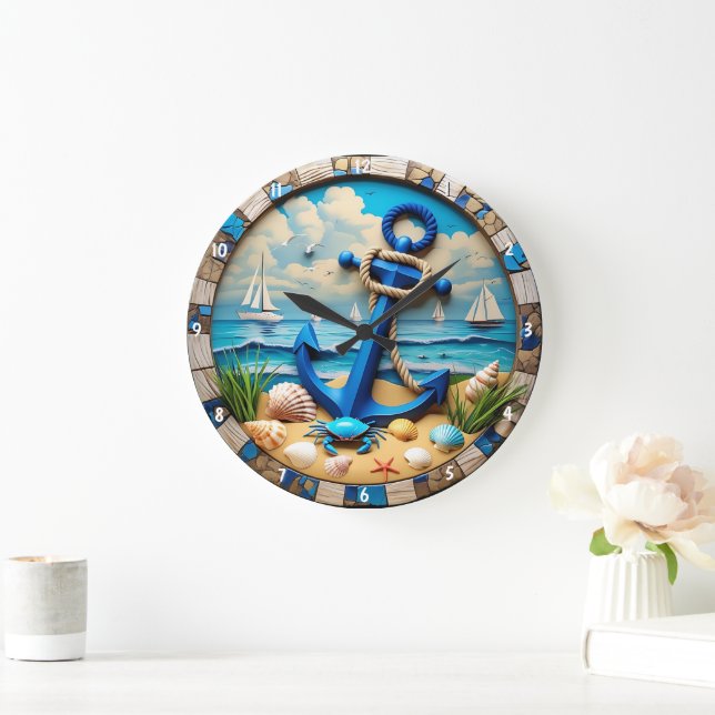 Blue Anchor Beach Sailboats Ocean Large Clock (Home)