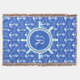 Blue Anchor Coastal Nautical Monogram Throw Blanket