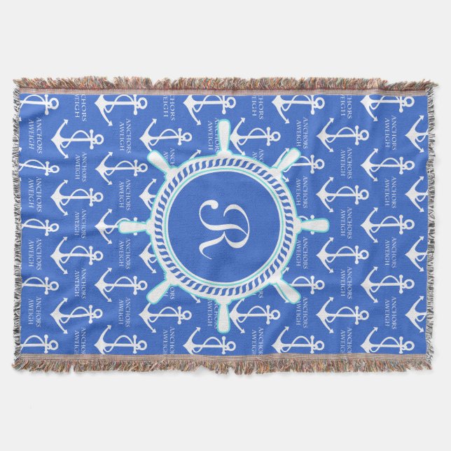 Blue Anchor Coastal Nautical Monogram Throw Blanket (Front)