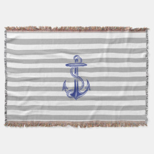 Blue Anchor Grey White Stripe Throw Blanket
