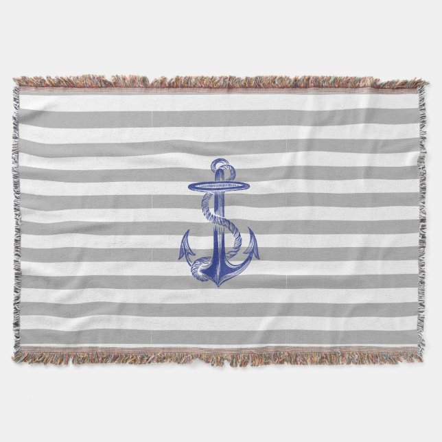 Blue Anchor Grey White Stripe Throw Blanket (Front)