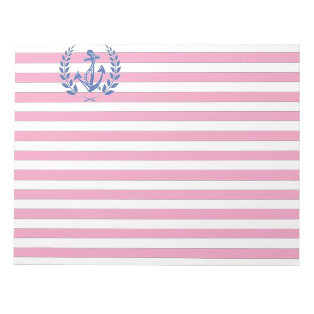 Blue Anchor Laurel Wreath Pink Stripes Notepad (Front)