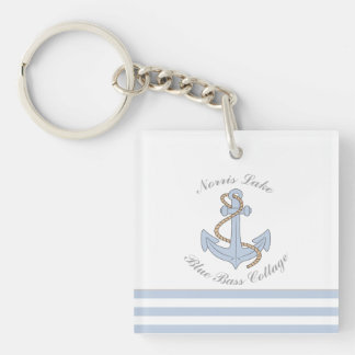 Blue Anchor Nautical Stripes Lake Beach House Name Keychain