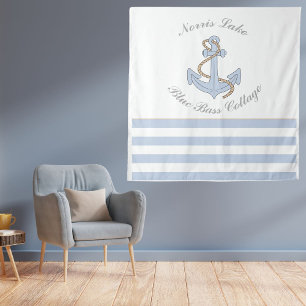 Blue Anchor Nautical Stripes Lake Beach House Name Tapestry