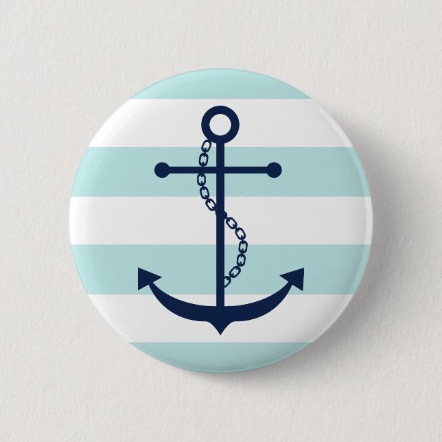 Blue Anchor on Mint Stripes 2 Inch Round Button (Front)