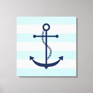 Blue Anchor on Mint Stripes Canvas Print