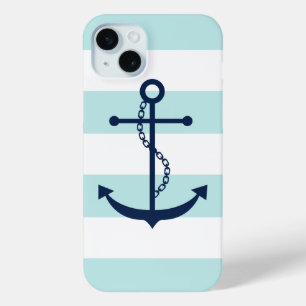 Blue Anchor on Mint Stripes Nautical Theme iPhone 15 Mini Case
