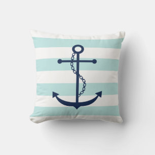 Blue Anchor on Mint Stripes Pattern Throw Pillow