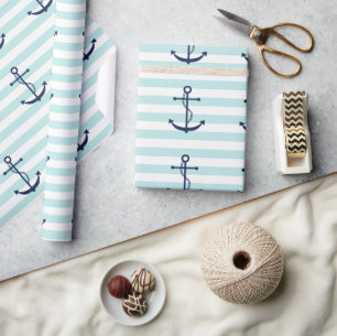 Blue Anchor on Mint Stripes Wrapping Paper