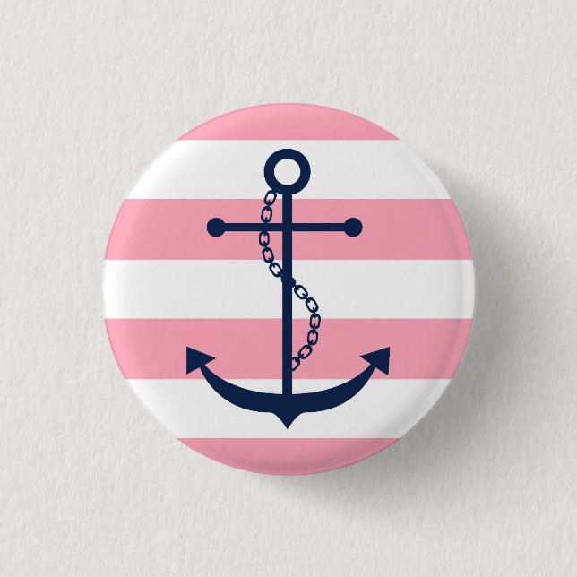 Blue Anchor on Pink Stripes 1 Inch Round Button (Front)