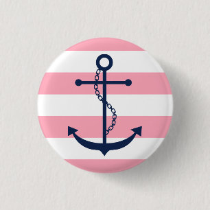 Blue Anchor on Pink Stripes 1 Inch Round Button